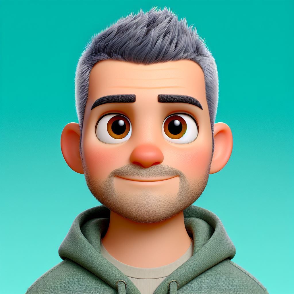 Cartoon man with graying hair, brown eyes, and a goatee, wearing a green hooded sweatshirt.