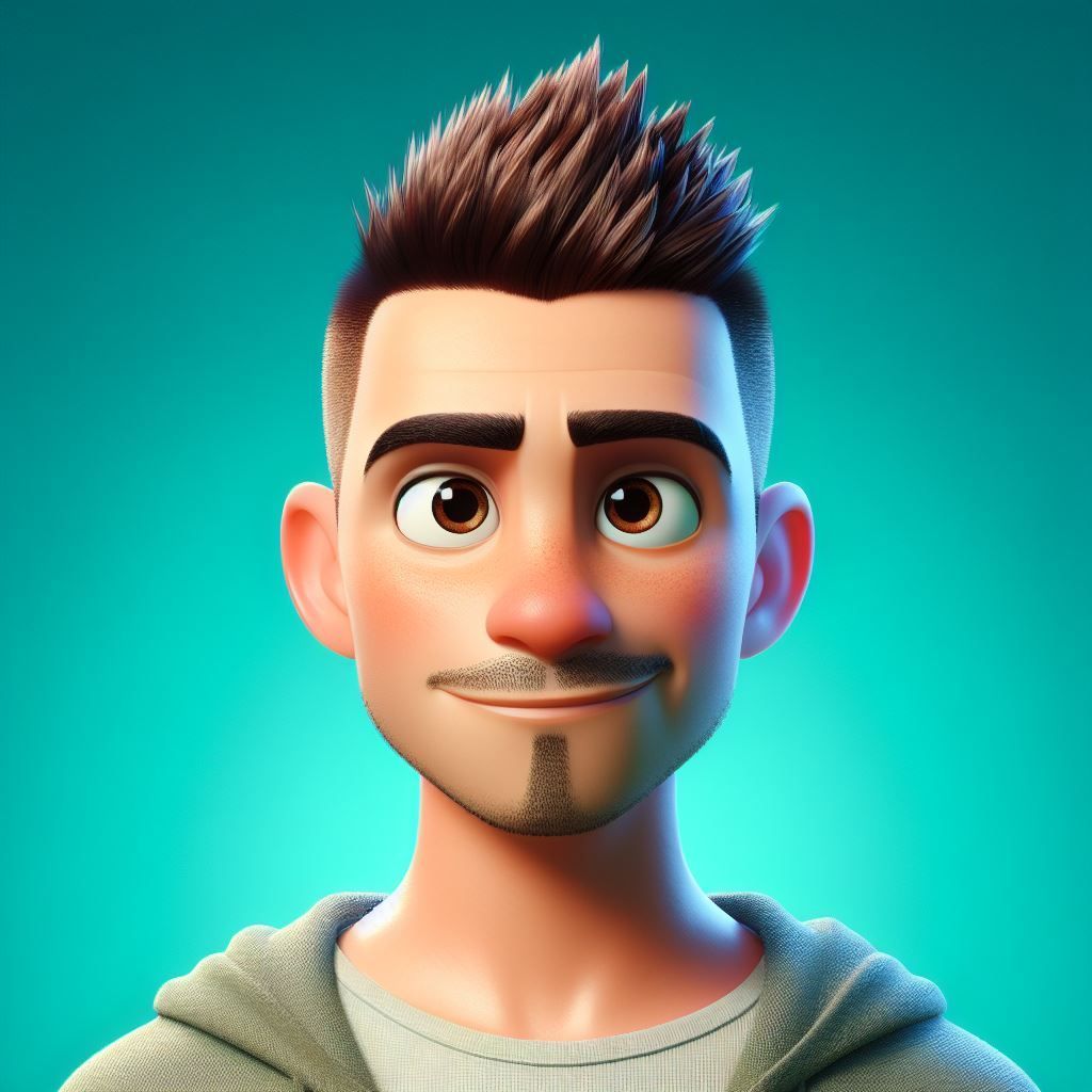 Cartoon man with spiky brown hair, stubble, and a light-colored hoodie smiles against a teal background.