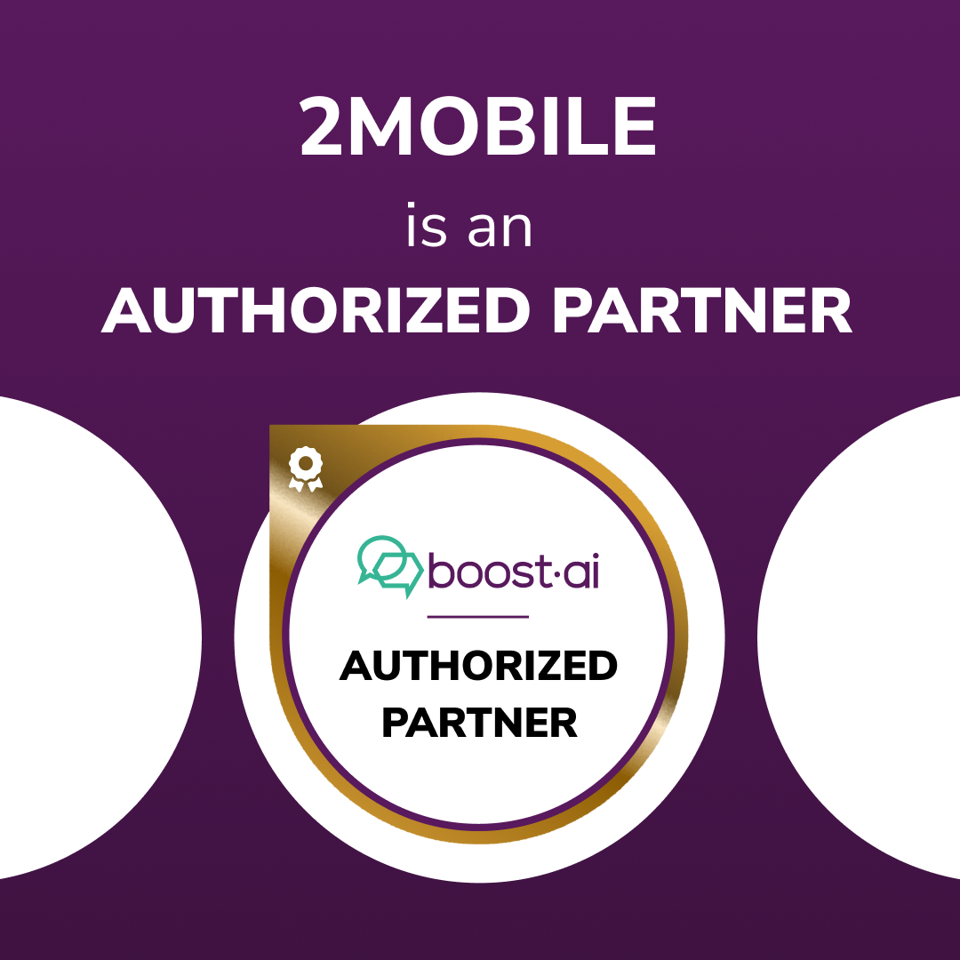 Vijolična grafika značke z napisom »2MOBILE je POOBLAŠČENI PARTNER« s pečatom pooblaščenega partnerja Boost.ai.