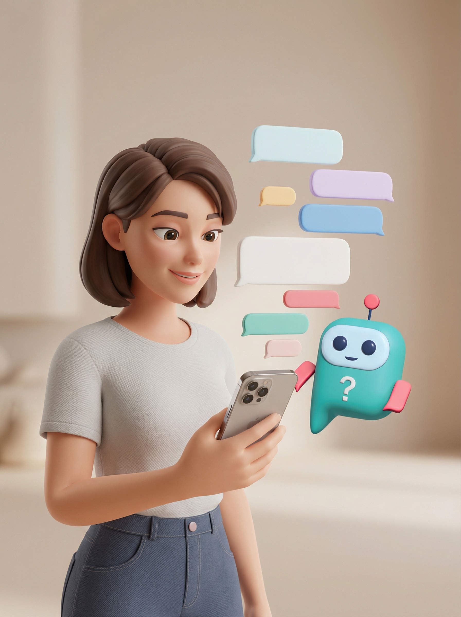 Woman looking at phone, interacting with turquoise chatbot; speech bubbles.