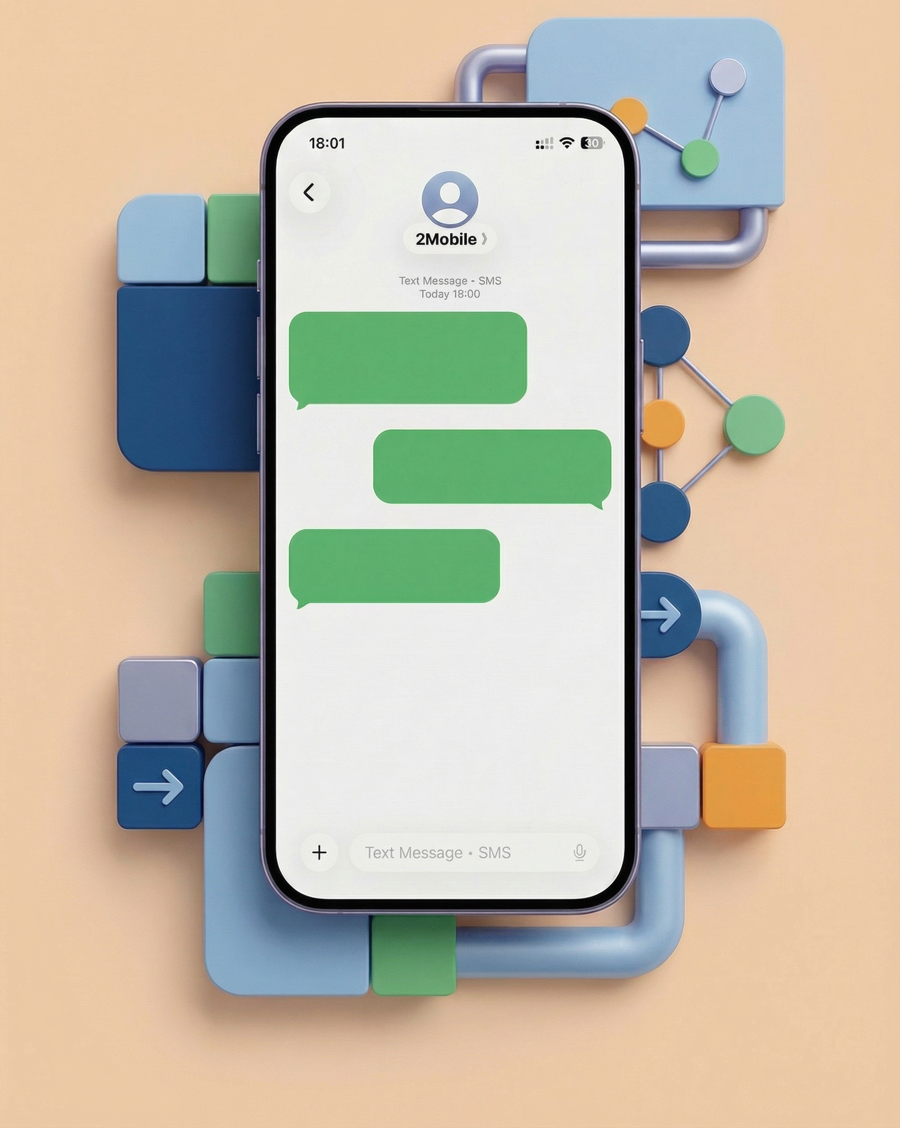 Smartphone displaying green text bubbles, surrounded by colorful abstract shapes and lines.