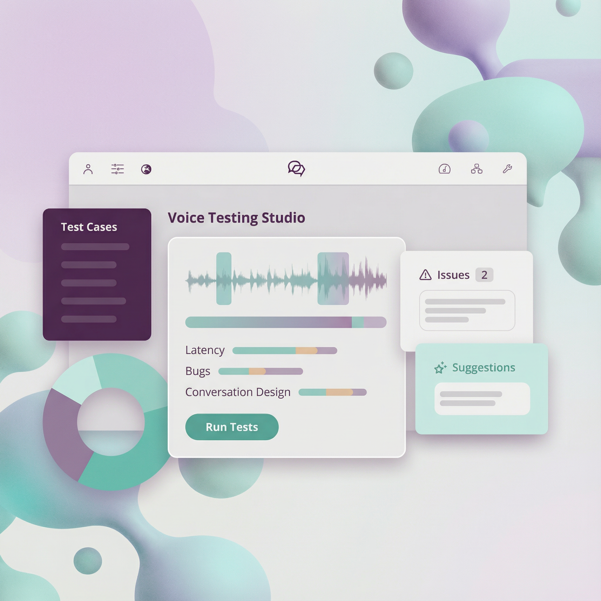 Voice Testing Studio interface with audio waveform and performance metrics. Pastel colors and abstract shapes.