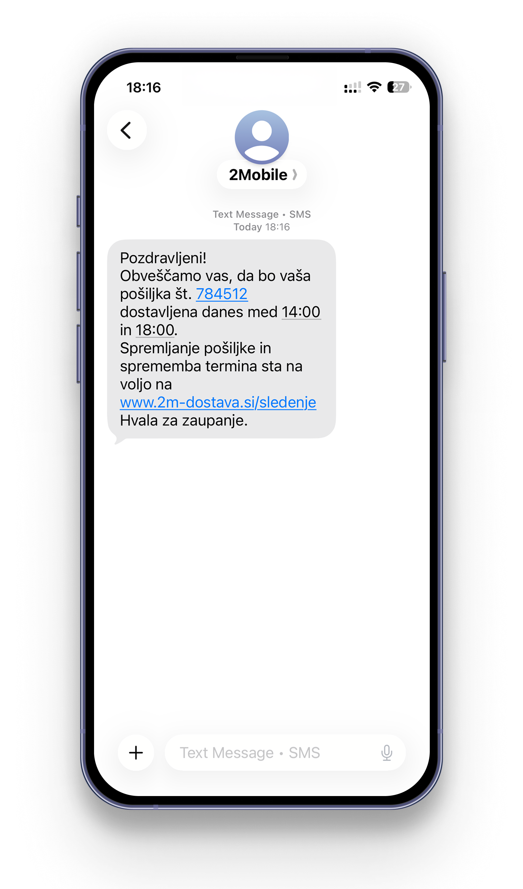 Smartphone displaying a text message from