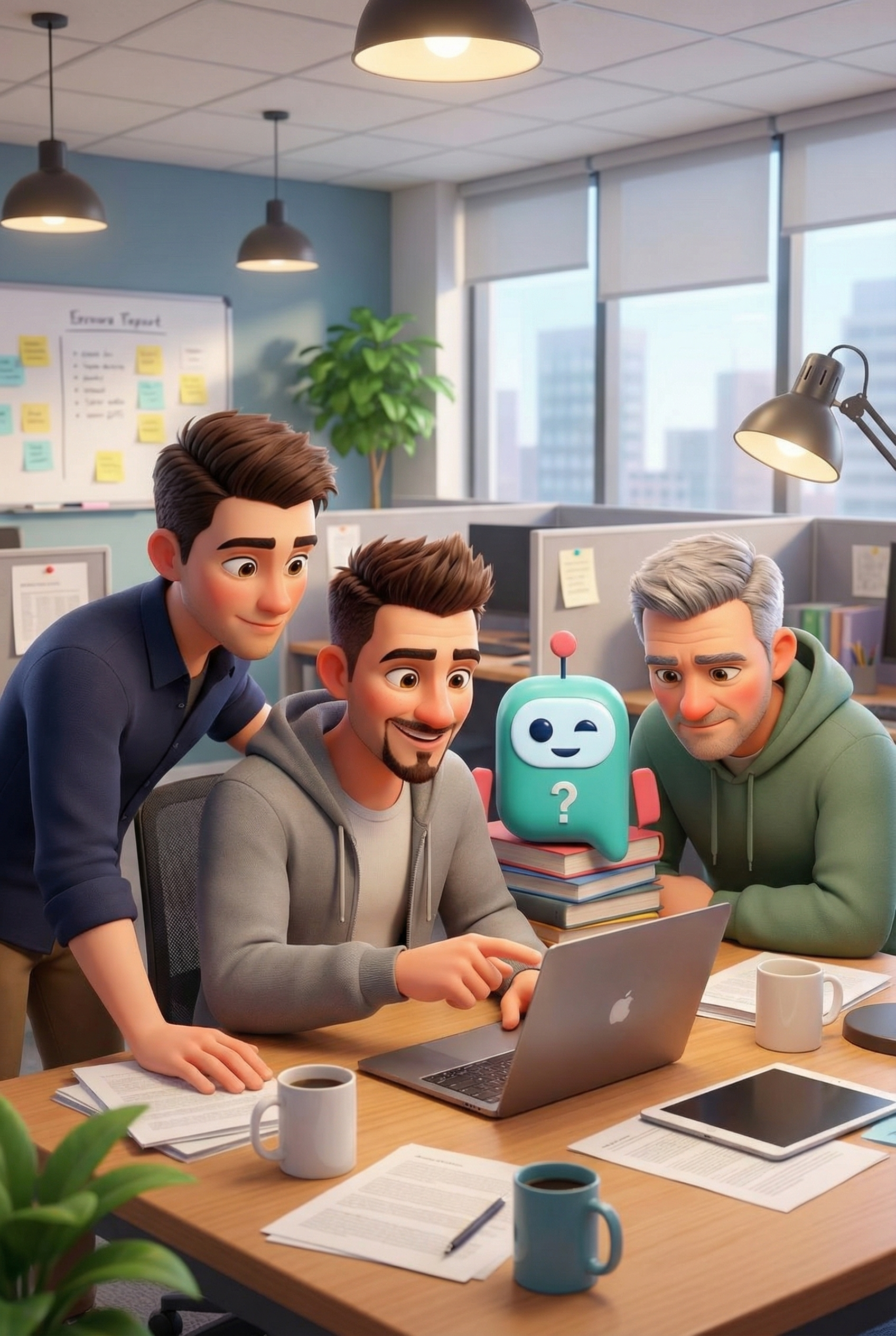 Three men and a robot looking at a laptop in an office setting.