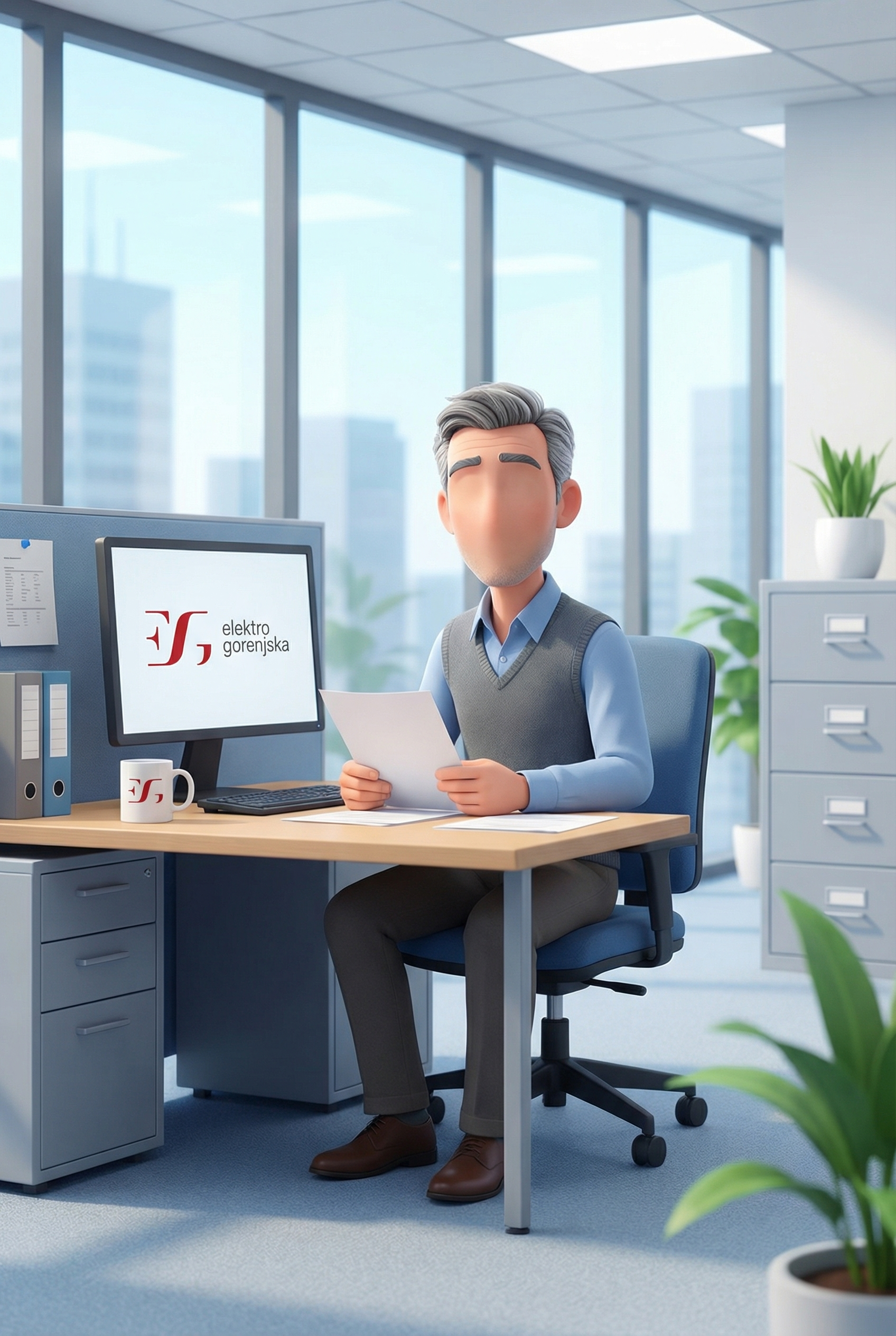 Cartoon man in office, sitting at desk, reviewing papers, with computer and file cabinets.