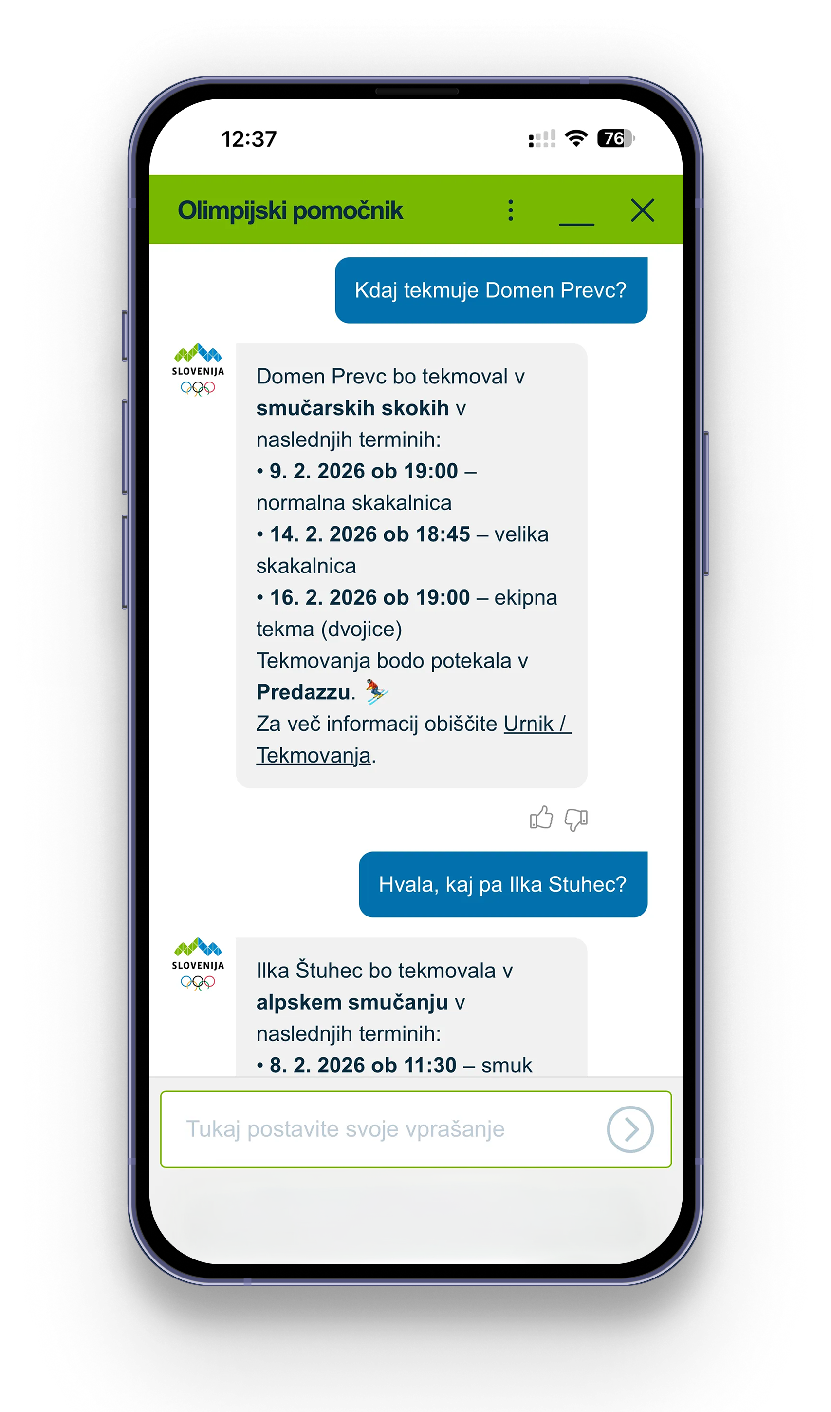 Mobilni telefon, ki prikazuje vmesnik klepetalnega robota GLS Slovenia, zgodovino sporočil in možnosti.