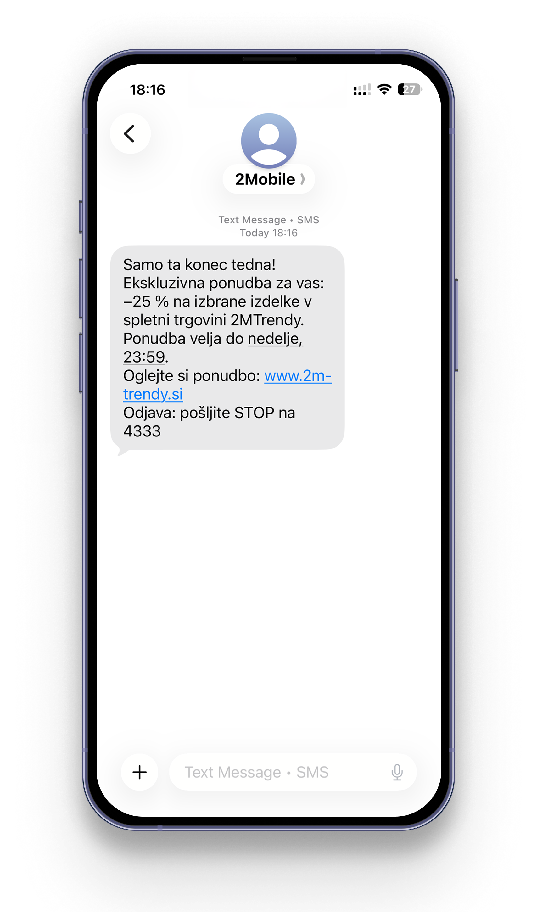 A smartphone displaying a text message from