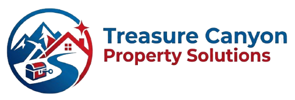 Logo for Treasure Canyon Property Solutions: a circular icon with mountains, a house, and a treasure chest, next to the text.