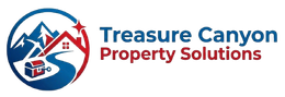 Logo for Treasure Canyon Property Solutions: a circular icon with mountains, a house, and a treasure chest, next to the text.