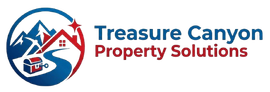 Logo for Treasure Canyon Property Solutions: a circular icon with mountains, a house, and a treasure chest, next to the text.