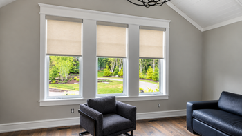 Bright living room with three windows, beige shades, gray walls, wood floor, and dark chairs by the window