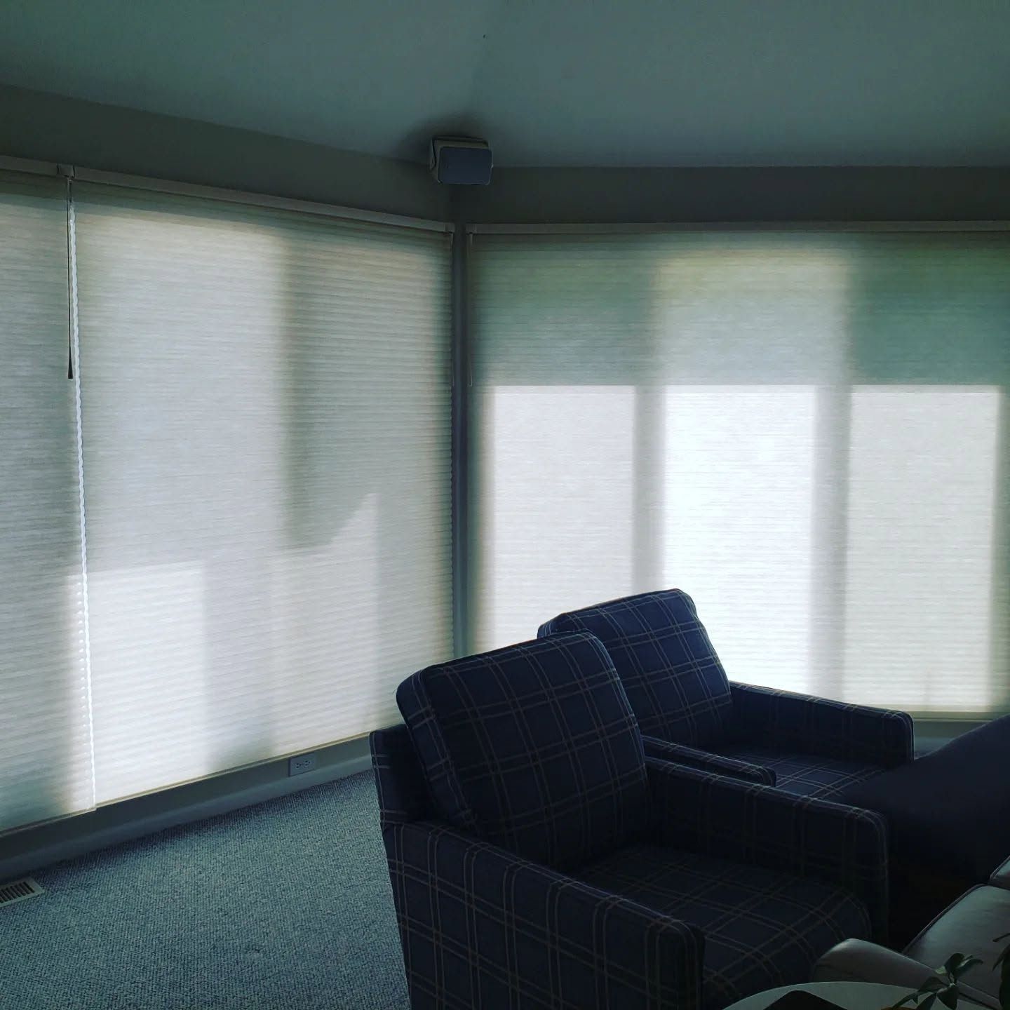 Dim living room with large windows, blinds, and two dark blue armchairs on a blue carpet.