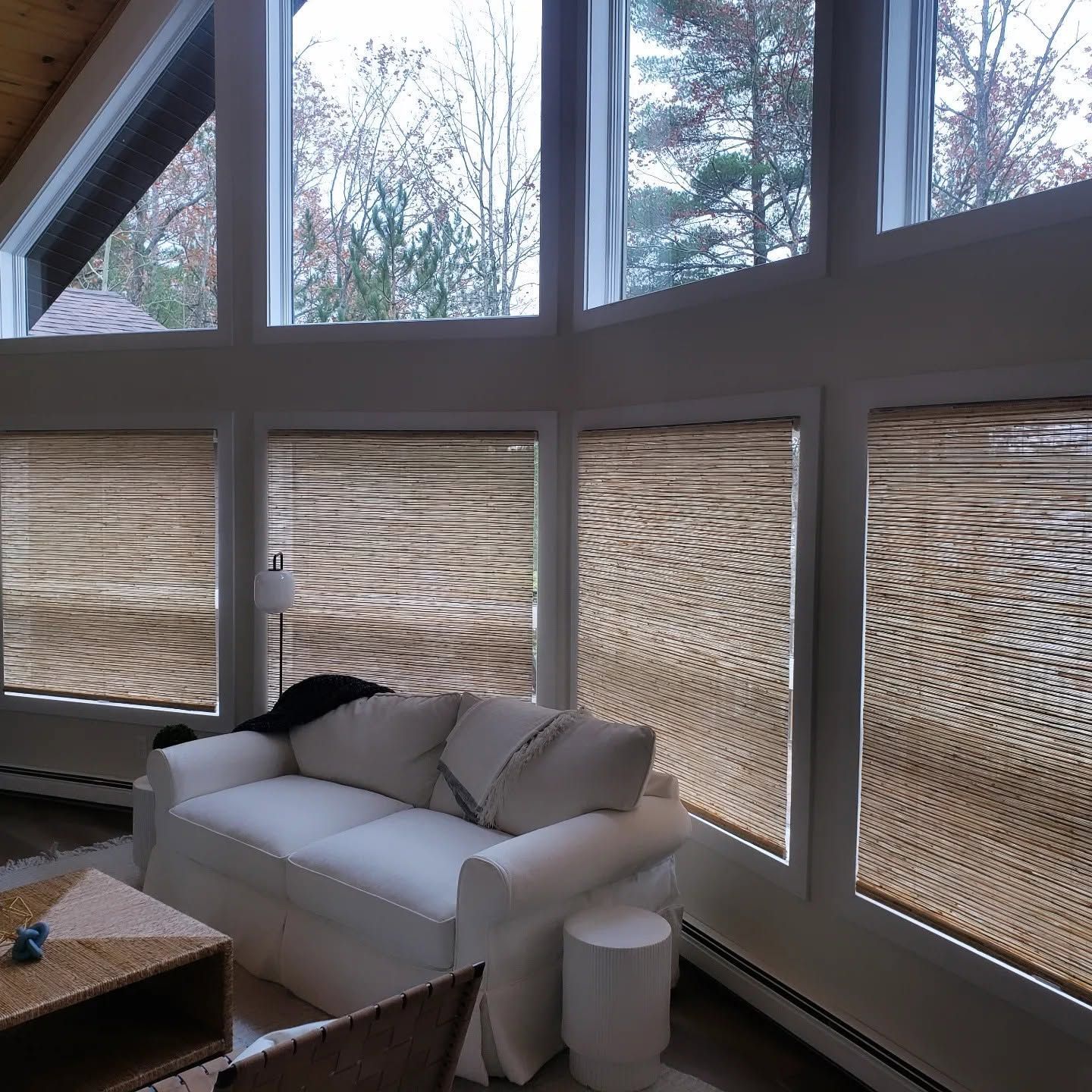 Bright living room with white sofa, coffee table, and large windows with woven blinds showing trees outside