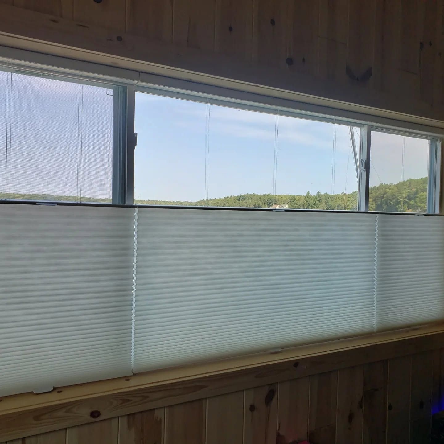 Wooden room interior with a frosted window looking out onto trees and hills.