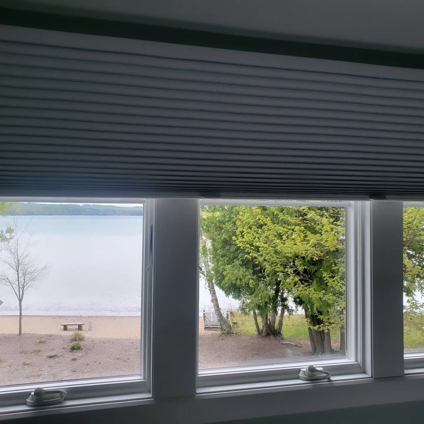Window view of a beach, with a tree and sand seen through partially closed blinds