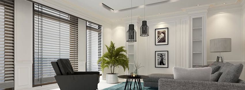 Bright modern living room with gray sofa, black chair, wall art, large windows, and indoor plant