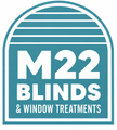 M22 Blinds & Window Treatments logo in teal and white with arched striped design