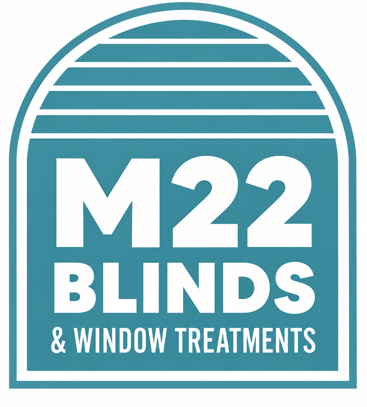 M22 Blinds & Window Treatments logo in teal and white with arched striped design