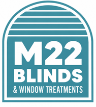 M22 Blinds & Window Treatments logo in teal and white with arched window stripes