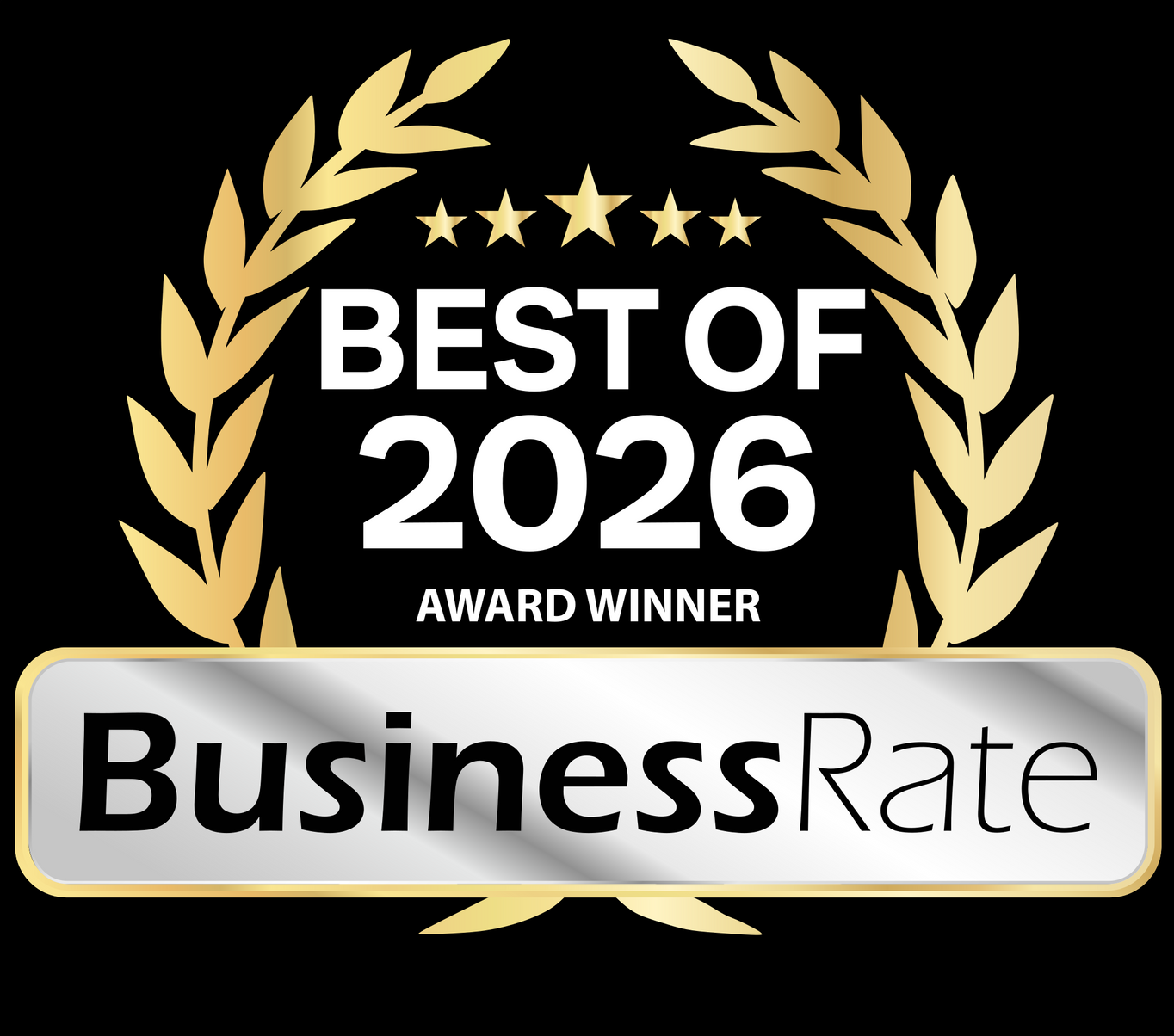Gold laurel award emblem reading “Best of 2026 Award Winner” with BusinessRate logo