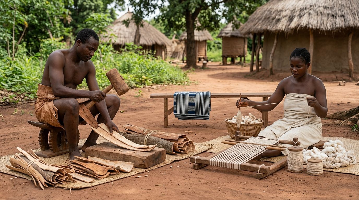 Historical reconstruction of Tiv bark cloth and cotton weaving, showing nyagba bark, cotton, a majir
