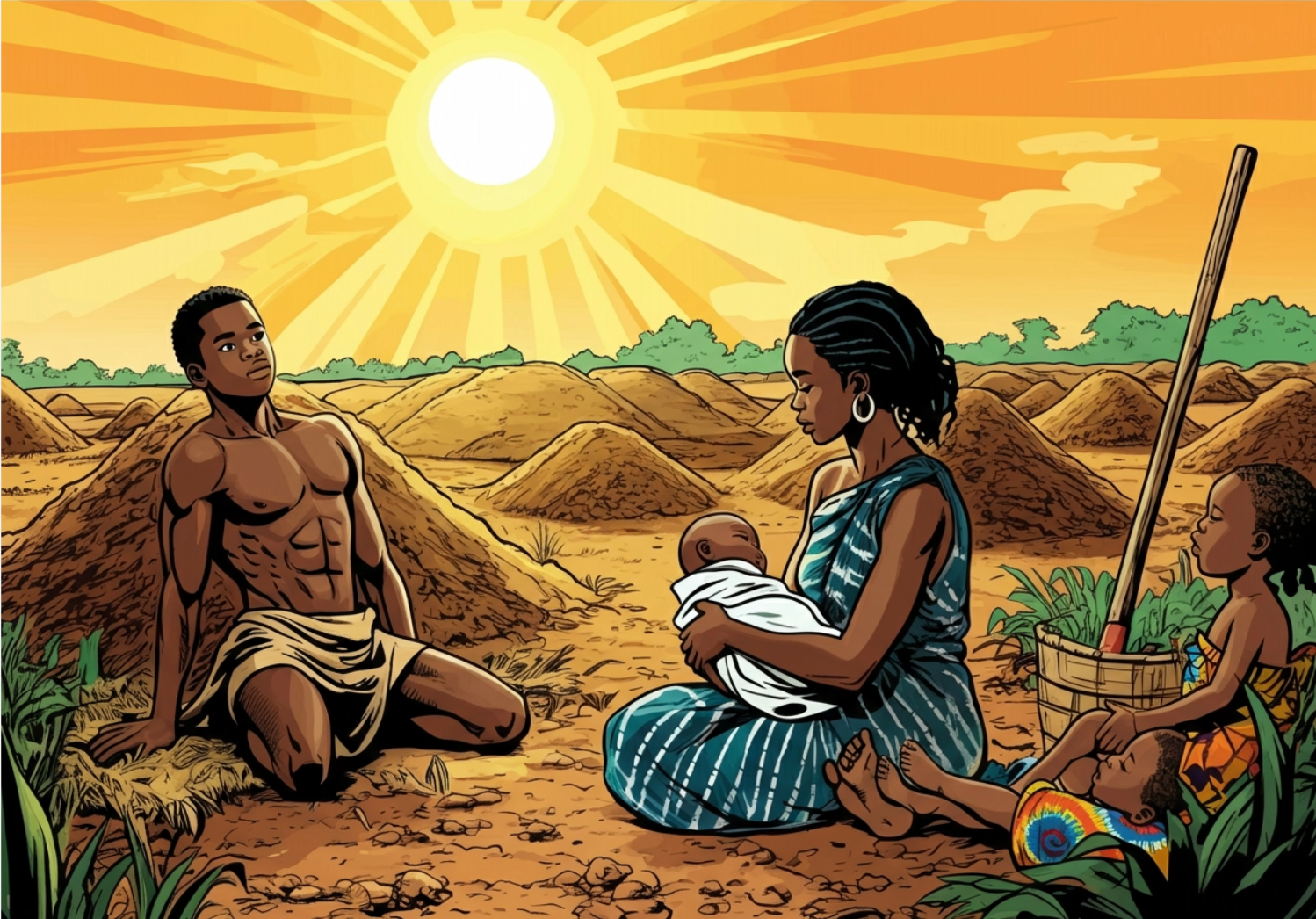 A family taking a rest after a hard day's work on their farmland.