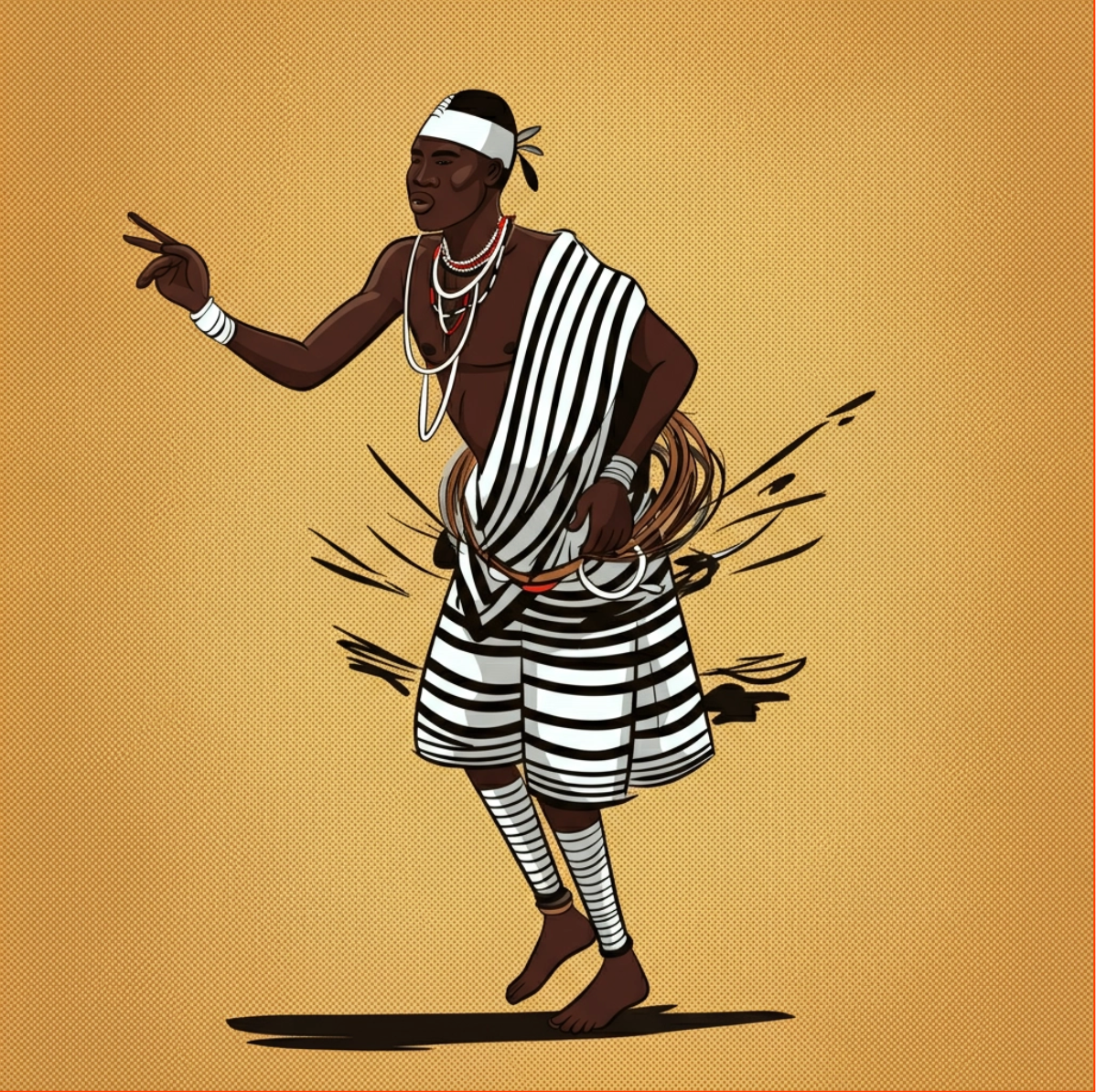 Man wearing the a'nger, head gear and dancing