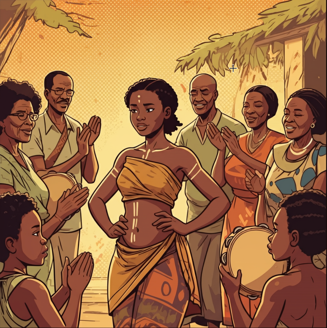 A group of people standing and holding drums around an adolescent boy.