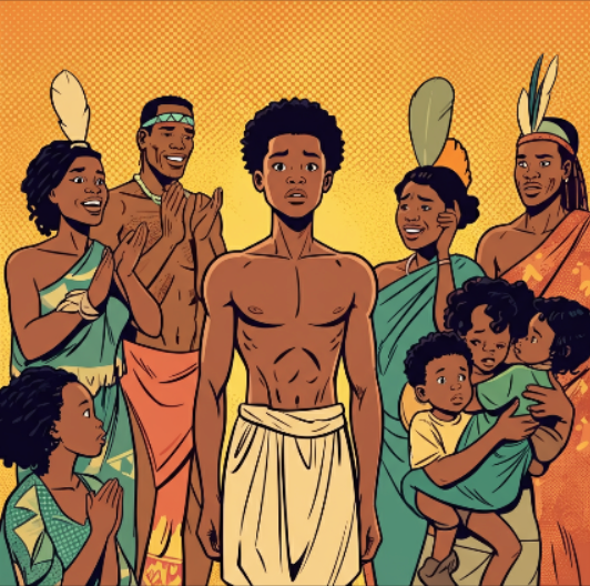Teenage African boy surrounded by group 