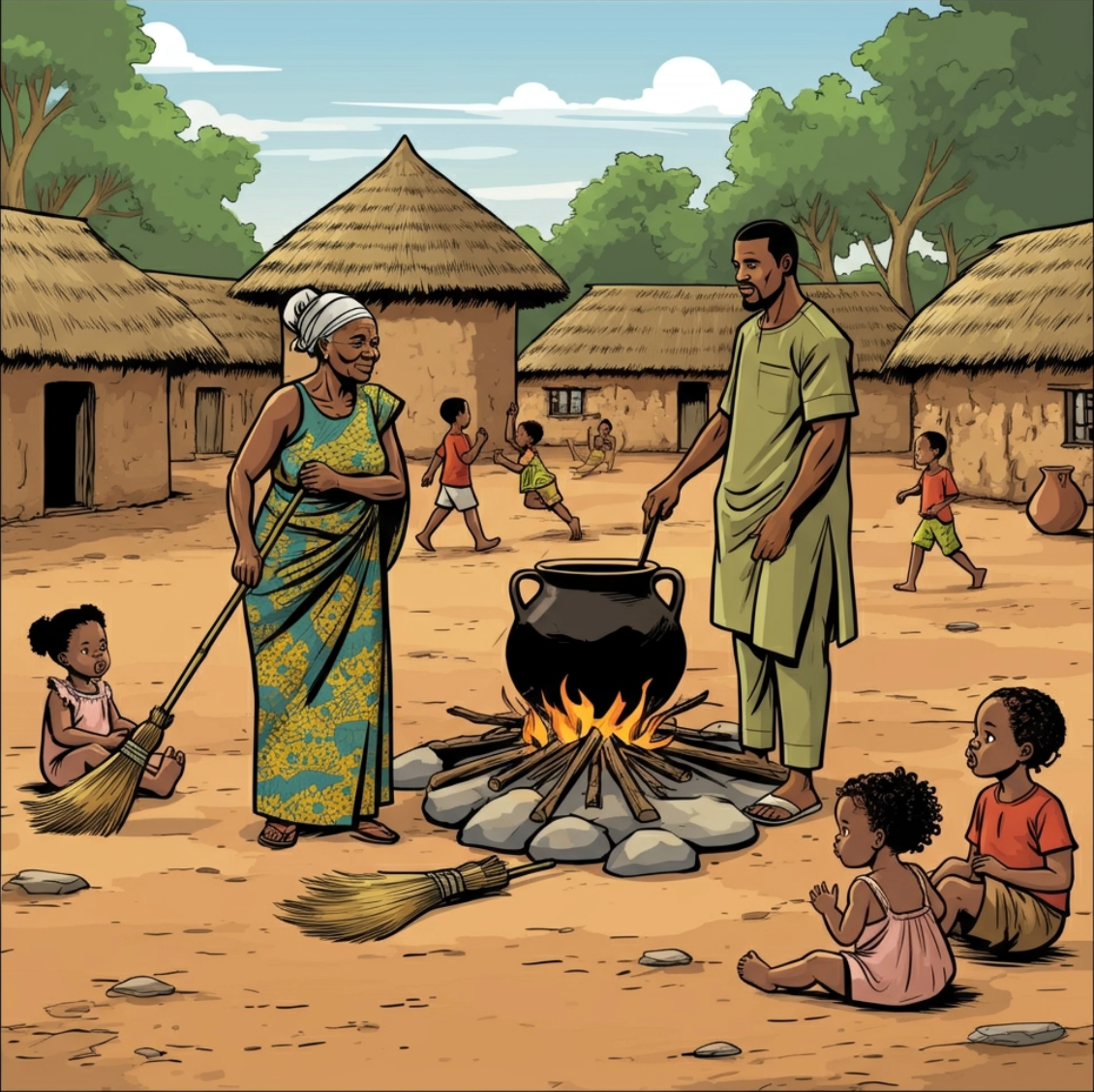 An african family scene with a mother sweeping and man are cooking over an open fire in a village