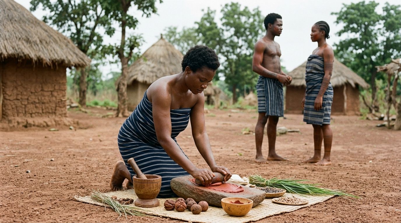 Tiv woman carefully preparing kpagh/camwood. Young Tiv man and woman with subtle reddish camwood on.