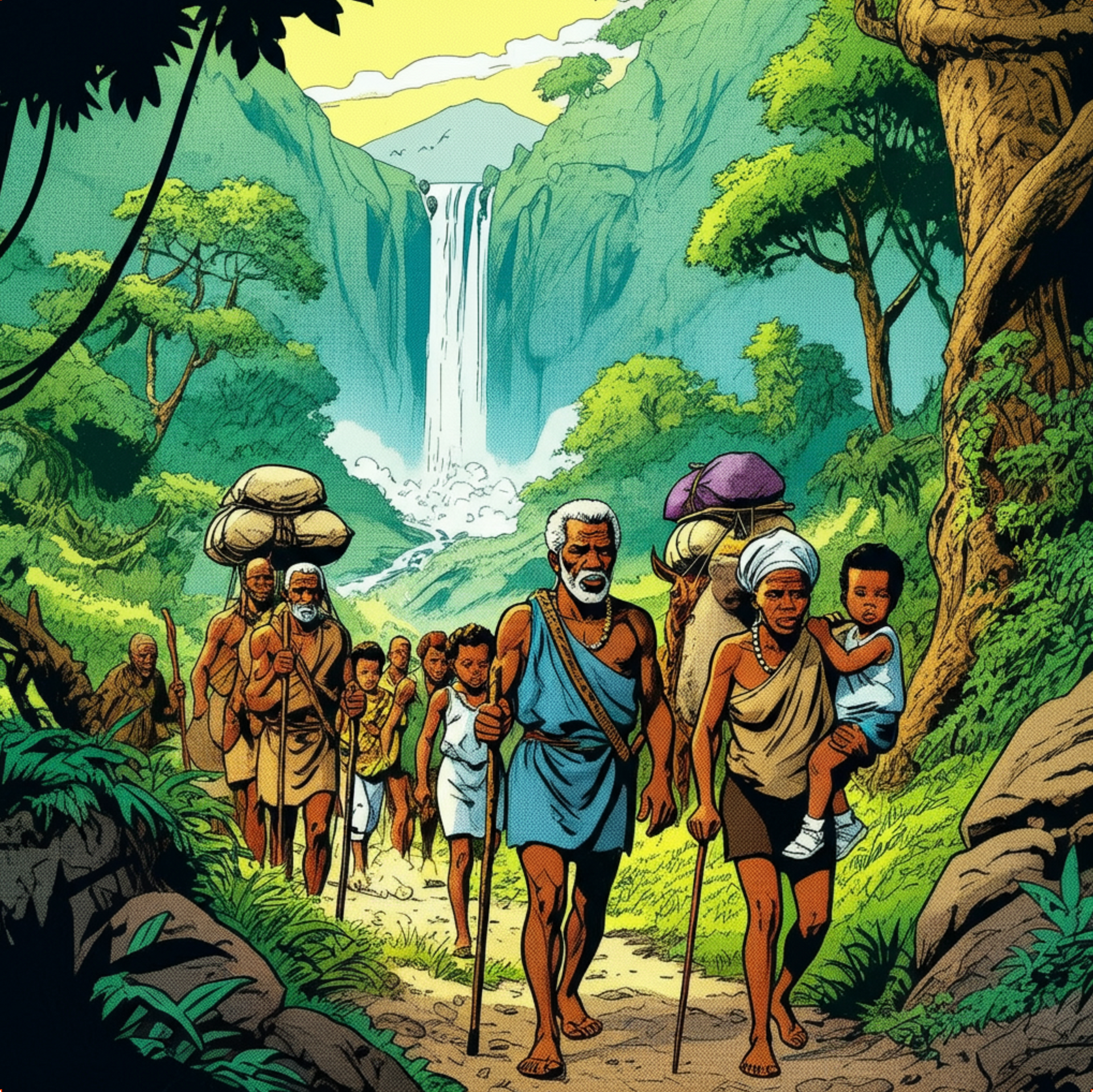 Large group of people travelling across lush valley
