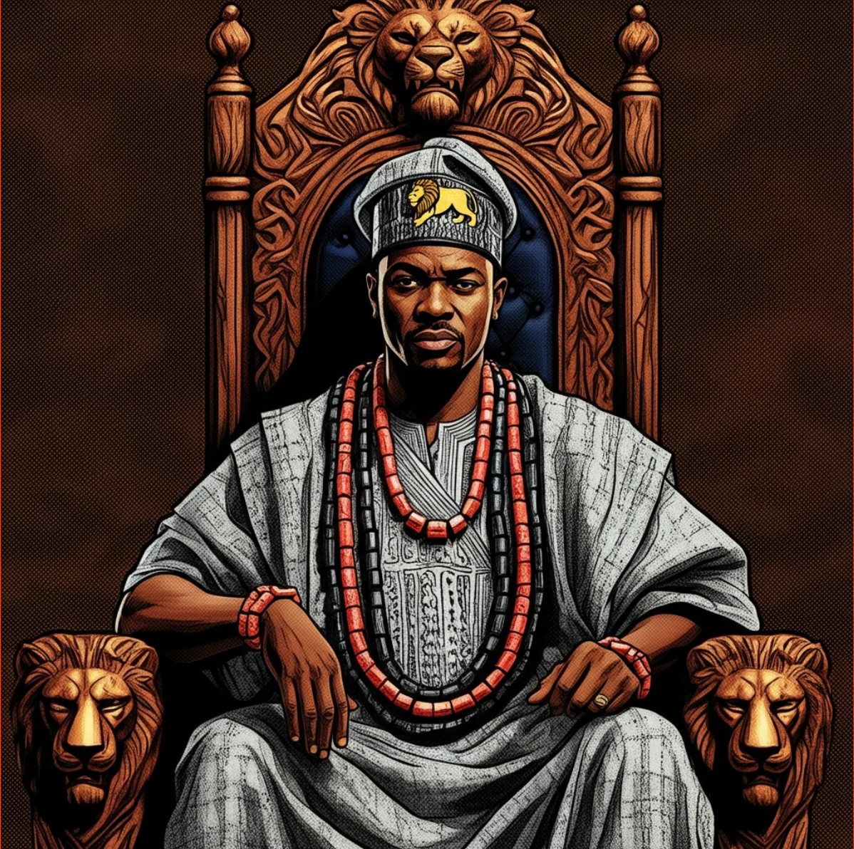 A male ruler is sitting on a throne with two lions behind him in black and white illustration