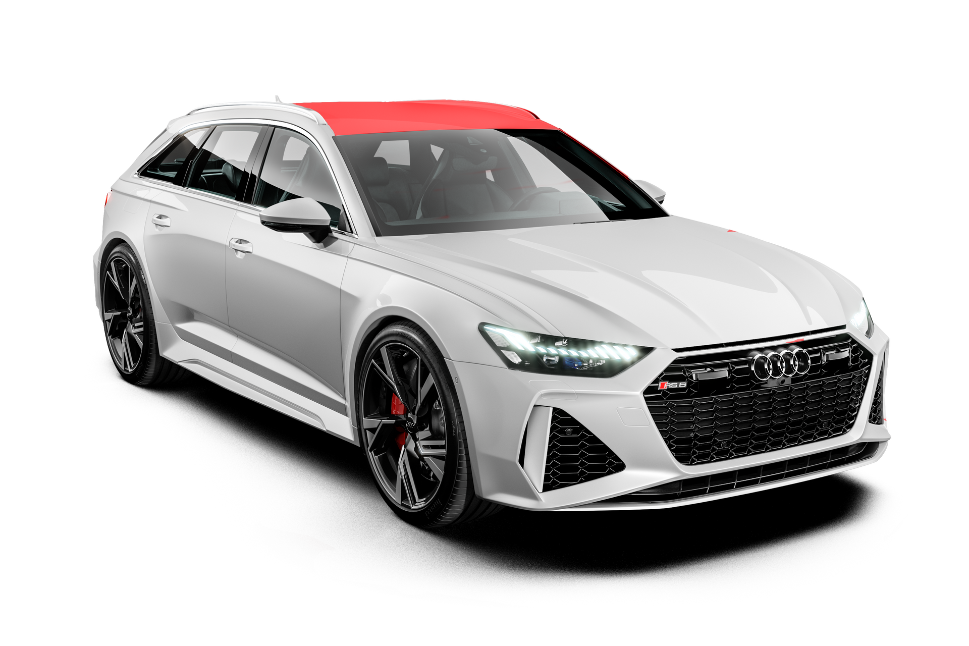 White Audi RS 6 Avant with a red roof, black wheels, and a white background.