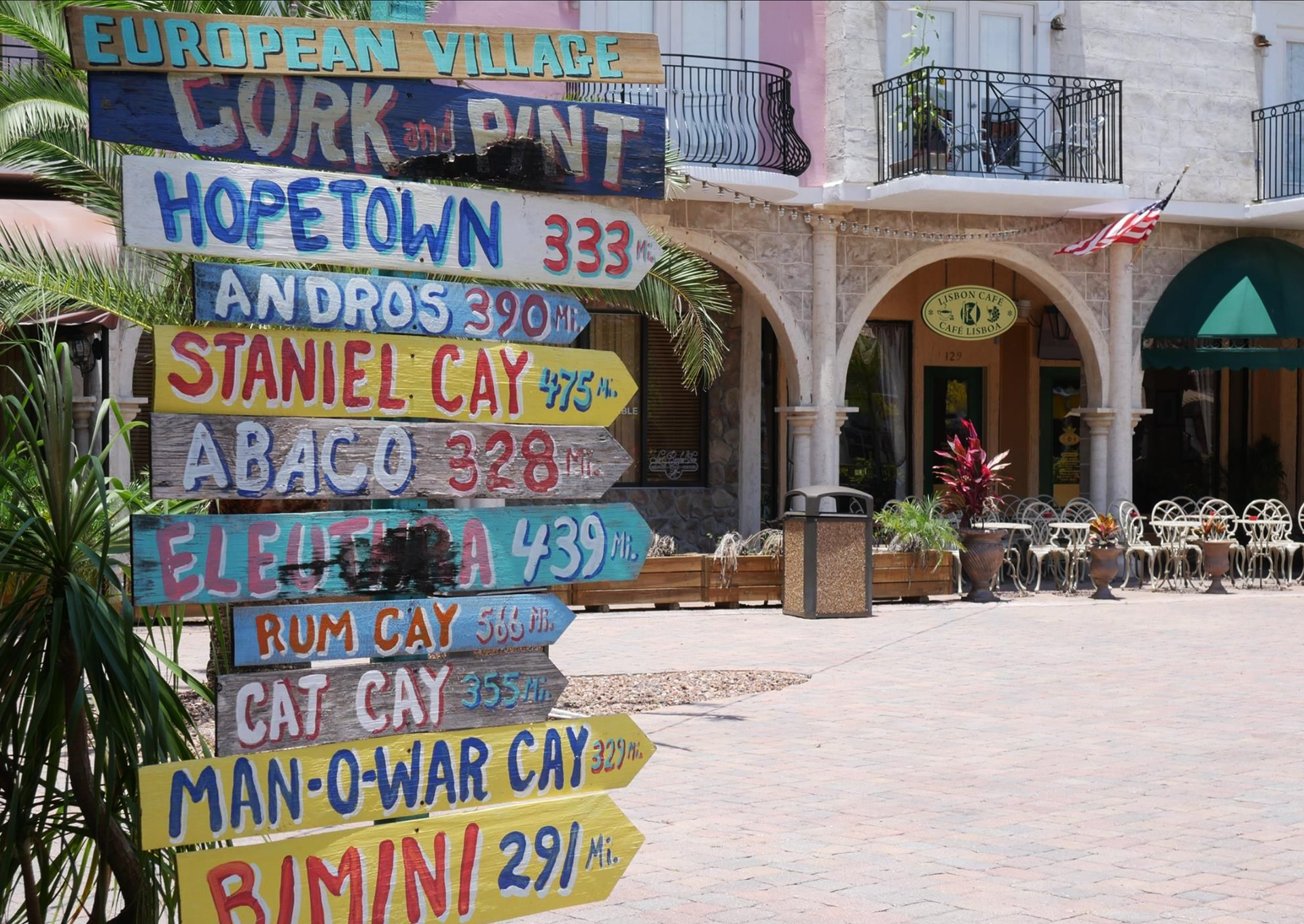 A bunch of signs pointing to different places including hopetown