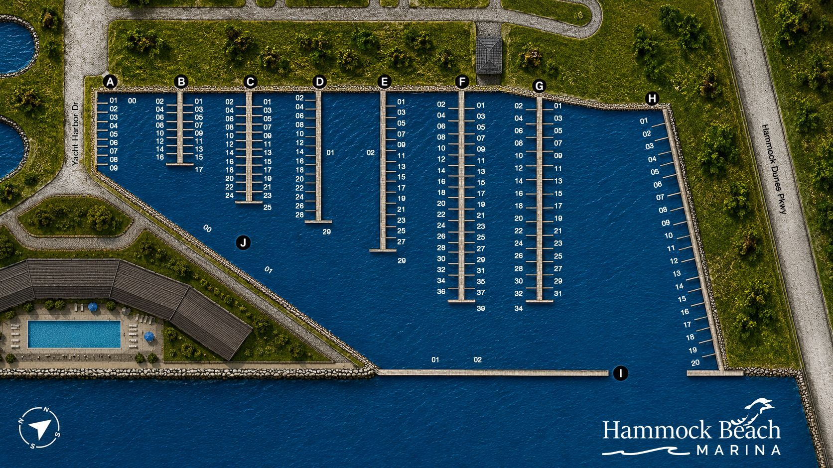A map of marina slips with boats and palm trees