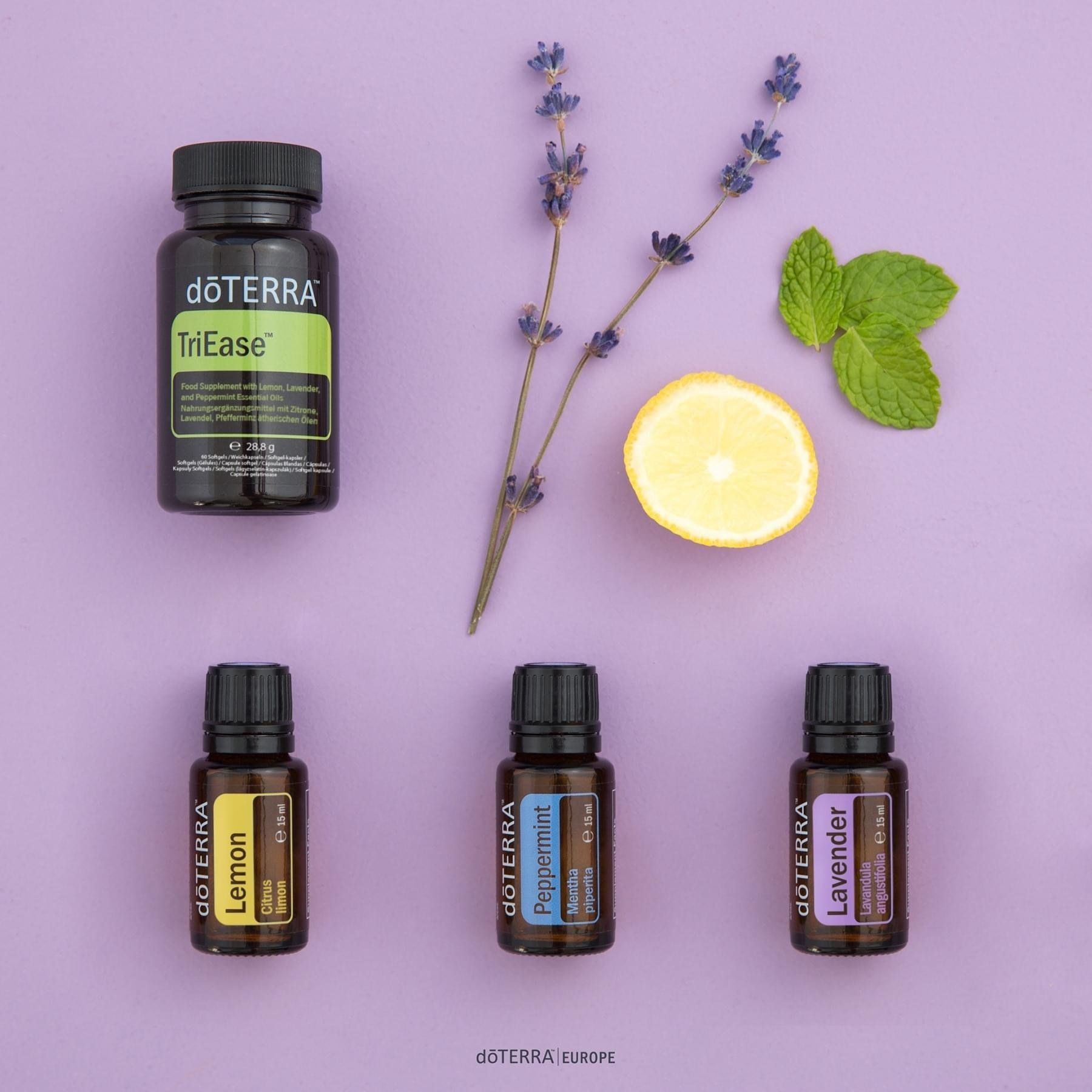 Essential oil blends for allergies: lemon, lavender, peppermint, doterra triease softgels