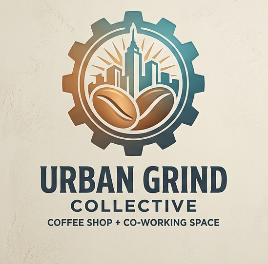 Urban Grid Collective coffee shop and co-working space logo with gear, coffee beans, and city skyline in teal and brown