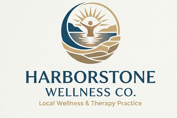Harborstone Wellness Co. logo with sun, waves, and a centered figure in blue and gold.