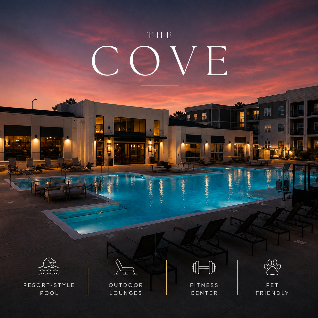 Sunset view of The Cove resort pool with lit buildings and palm trees around the water