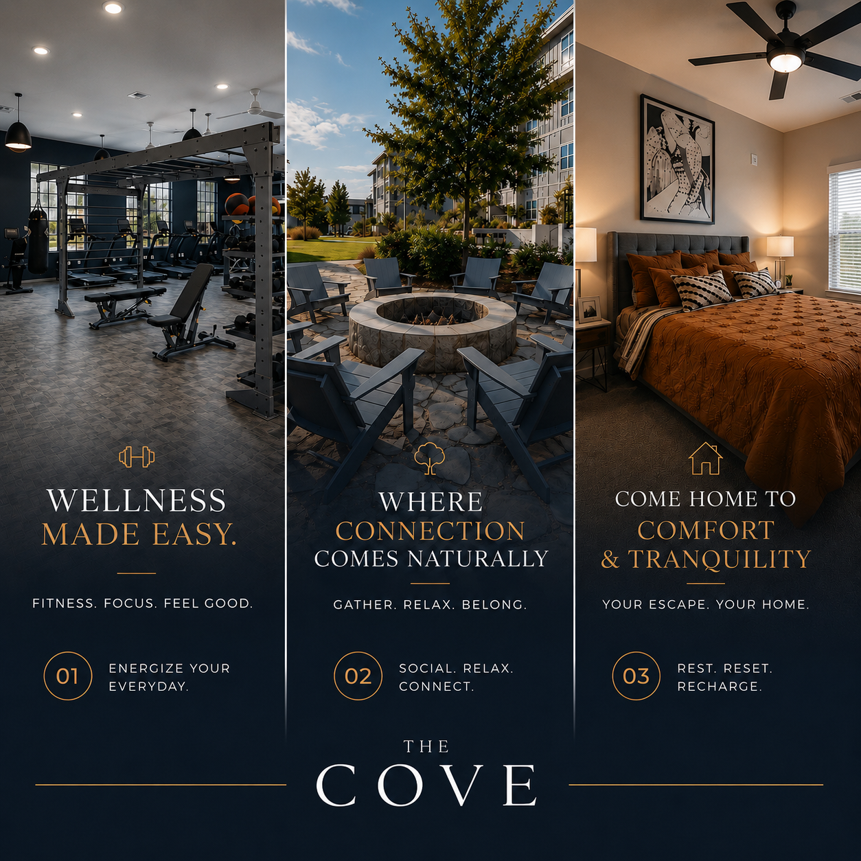 Three-panel resort ad: gym, outdoor courtyard, and cozy bedroom at COVE.