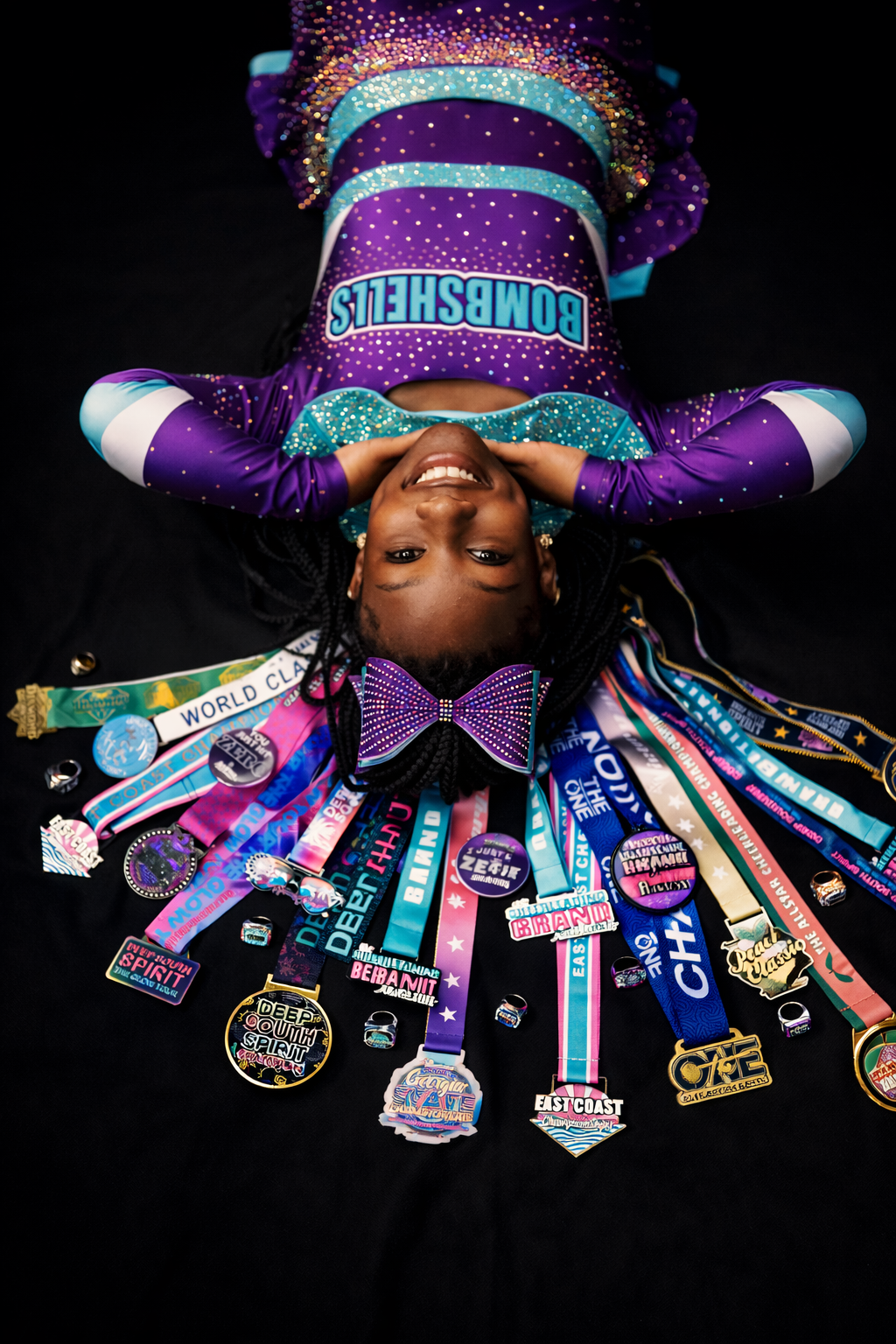 Person posed upside down in a purple and teal costume with many medals and ribbons on a black background