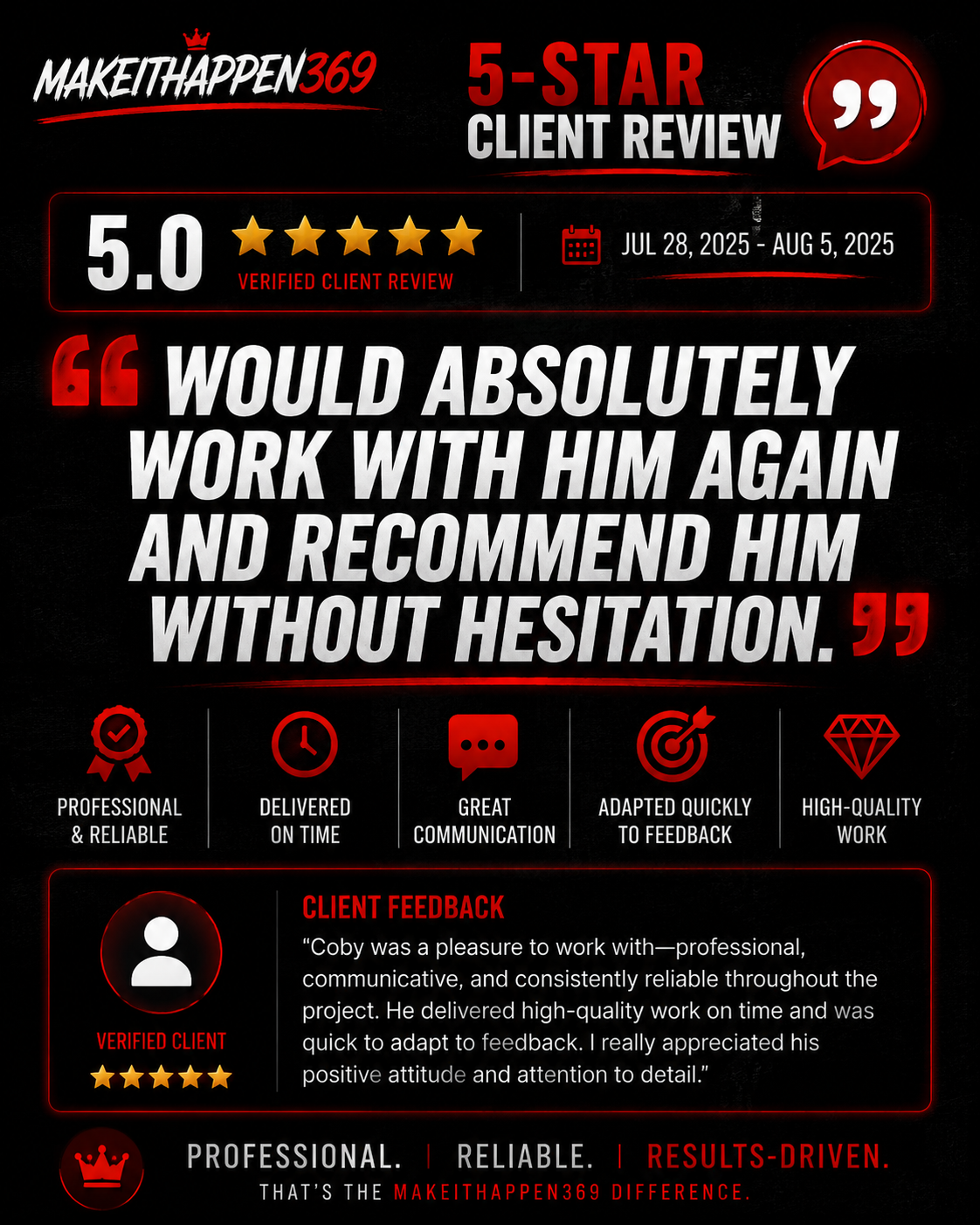 5-star client review graphic with bold white testimonial on a black background and red accents