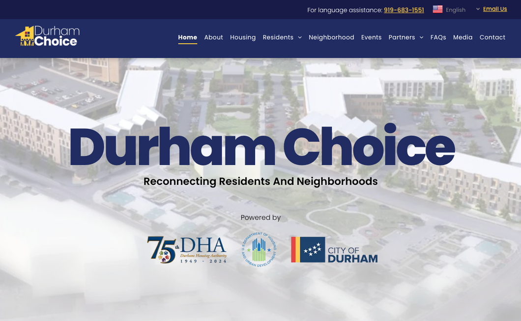 Durham Choice website homepage featuring an aerial view of a residential community