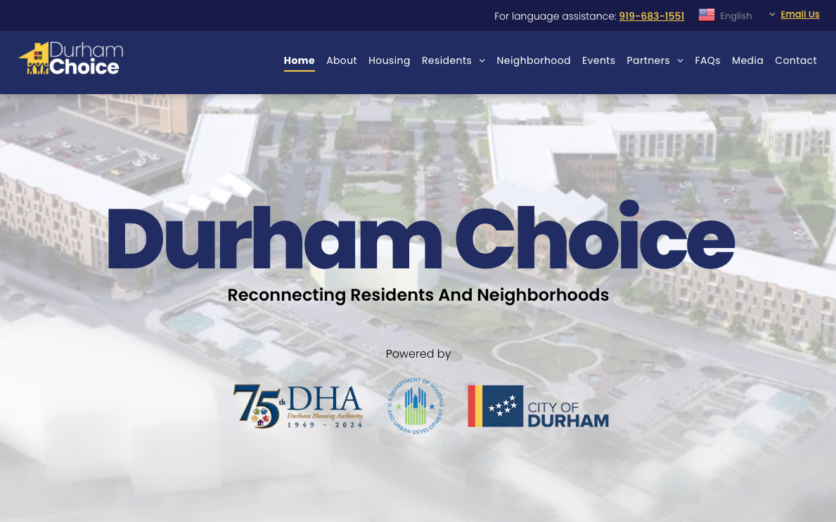 Durham Choice website homepage featuring an aerial view of a residential community