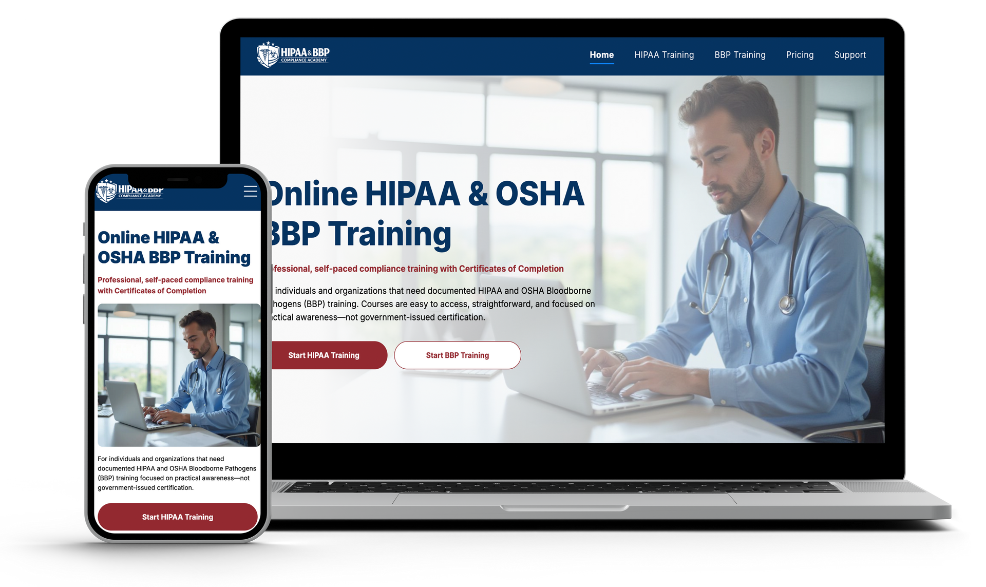 Website displayed on laptop, tablet, and phone showcasing a woman in grey jacket,