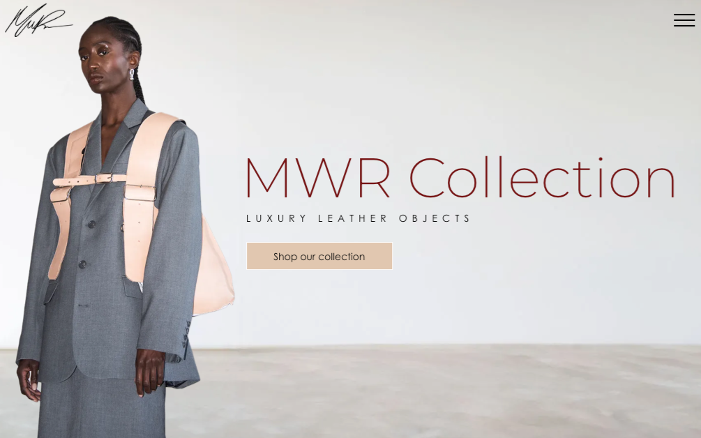 MWR Collection luxury leather goods website featuring a fashion model