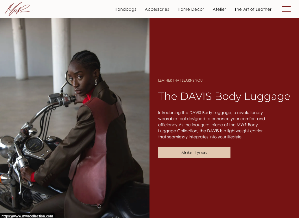 MWR Collection product webpage featuring a model wearing the DAVIS leather body luggage beside a motorcycle, paired with a deep red product description panel.