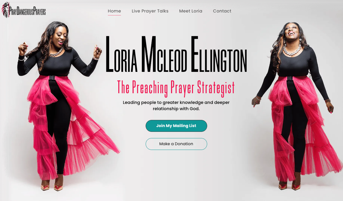Pray Dangerous Prayers website homepage featuring Min. Loria McLeod Ellington