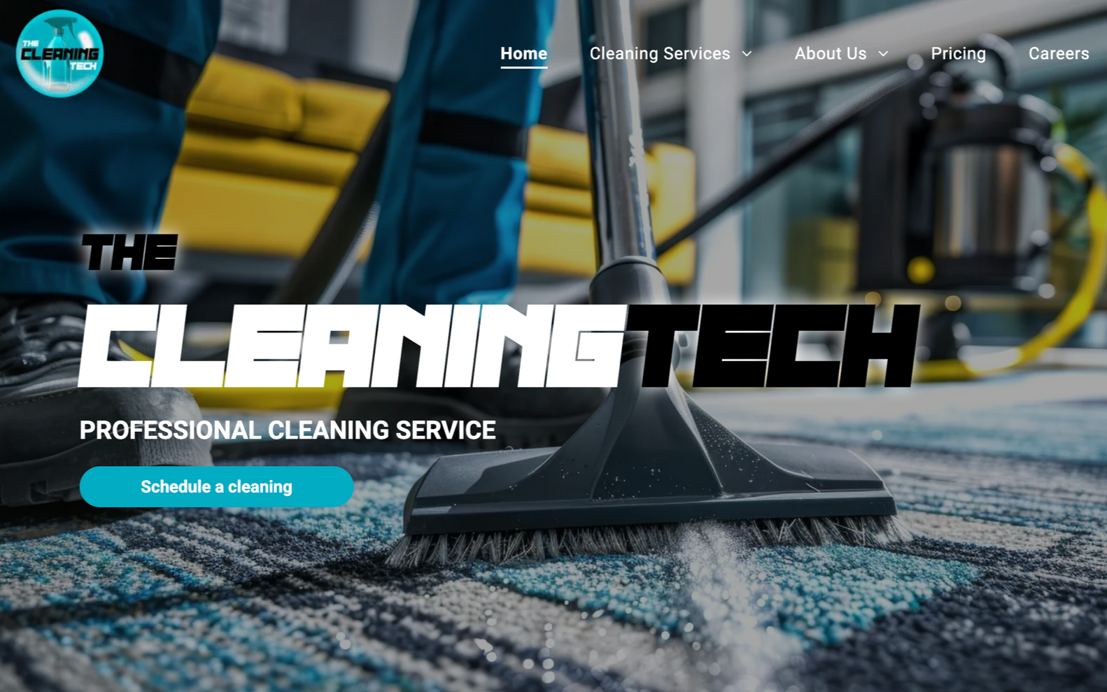 The Cleaning Tech website homepage featuring a floor level view of someone using a carpet cleaner